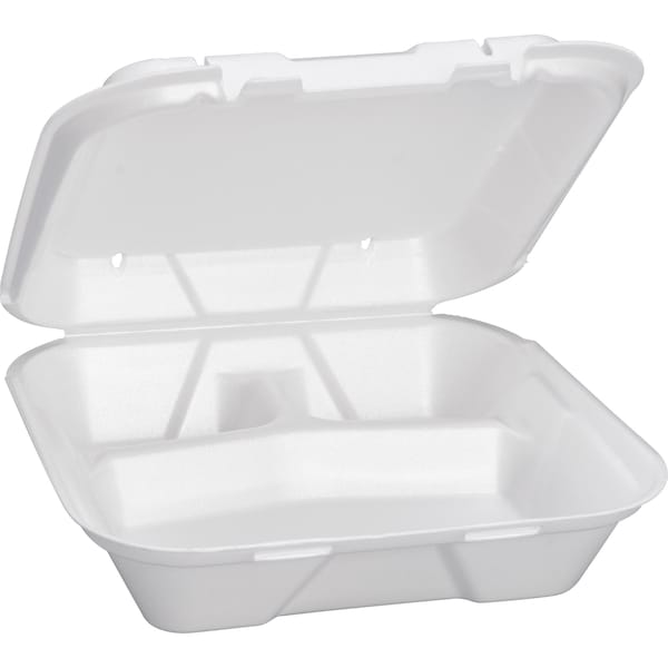 Genpak 9.25"x9.25"x3" White Lg 3 Compart Foam Hinged Dinner Container, PK200 - SN203