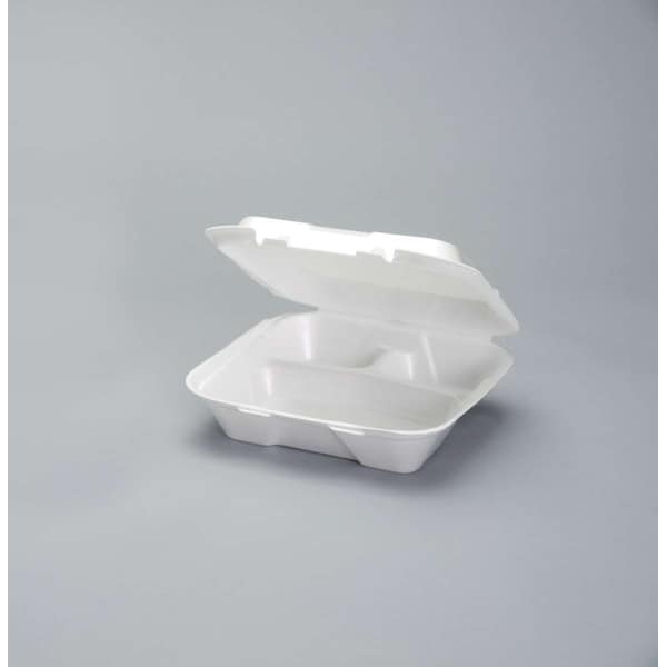 Genpak 9.25"x9.25"x3" White Lg 3 Compart Foam Hinged Dinner Container, PK200 - SN203