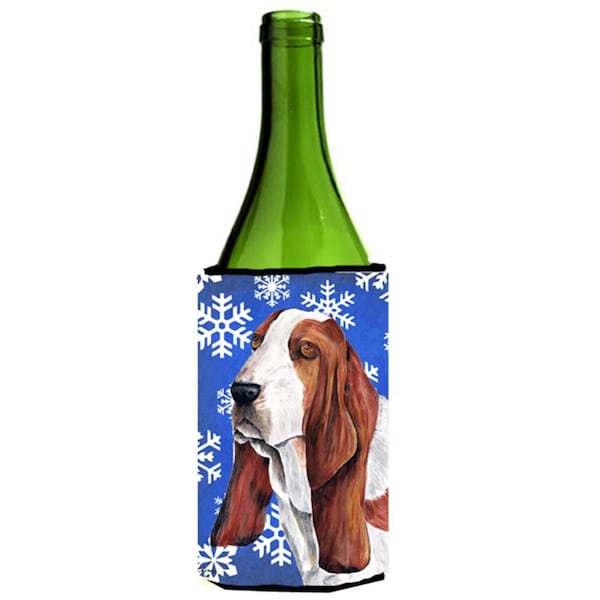 Carolines Treasures Basset Hound Winter Snowflakes Holiday Wine bottle sleeve Hugger - 24 oz. - SC9372LITERK