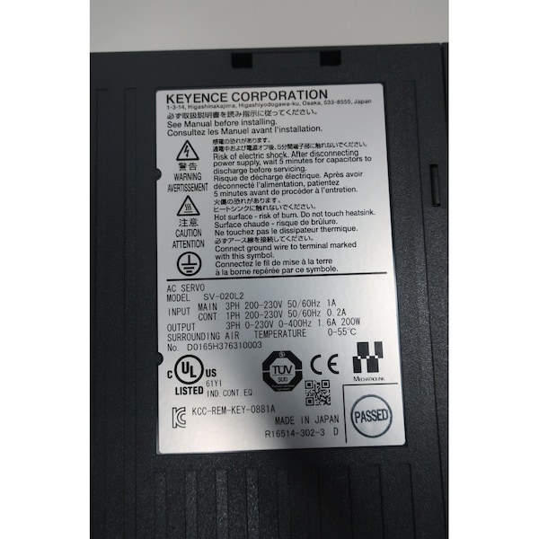 Accionamientos y amplificador de servomotor Keyence 0-400Hz 200-230V-CA 0-230V-CA 3Ph 200W - SV-020L2