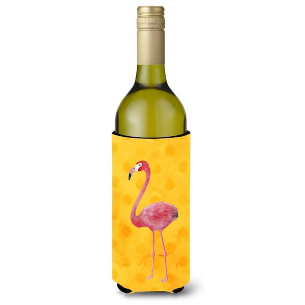 Carolines Treasures Flamingo Yellow Polkadot Wine Bottle Beverge Insulator Hugger - BB8187LITERK