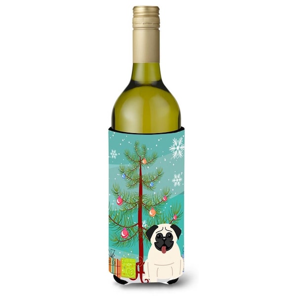 Carolines Treasures Merry Christmas Tree Pug Cream Wine Bottle Beverge Insulator Hugger - BB4129LITERK