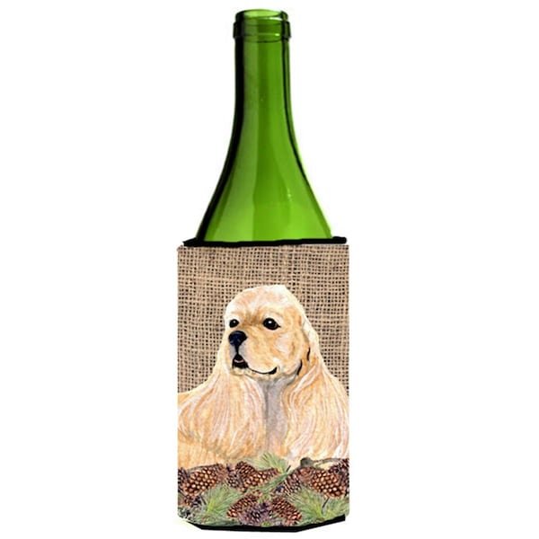 Carolines Treasures Cocker Spaniel On Faux Burlap With Pine Cones Wine bottle sleeve Hugger - SS4060LITERK