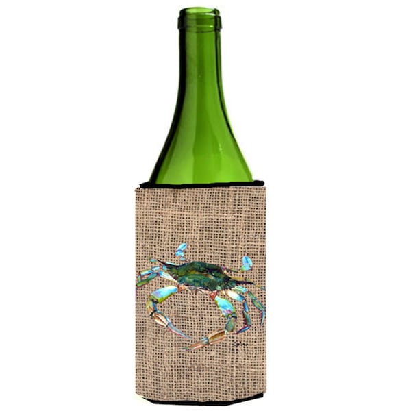 Carolines Treasures Blue Crab On Faux Burlap Wine bottle sleeve Hugger - 24 oz. - 8731LITERK