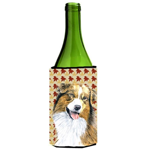Carolines Treasures Australian Shepherd Fall Leaves Portrait Wine bottle sleeve Hugger - SC9237LITERK