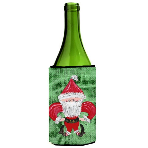 Carolines Treasures Christmas Santa Fleur De Lis On Faux Burlap Wine bottle sleeve Hugger - 24 oz. - 8746LITERK