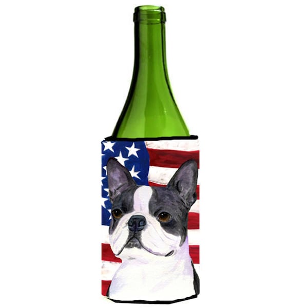 Carolines Treasures Usa American Flag With Boston Terrier Wine Bottle   Hugger - 24 oz. - SS4021LITERK