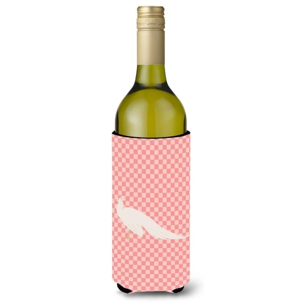 Carolines Treasures White Peacock Peafowl Pink Check Wine Bottle Beverge Insulator Hugger - BB7926LITERK