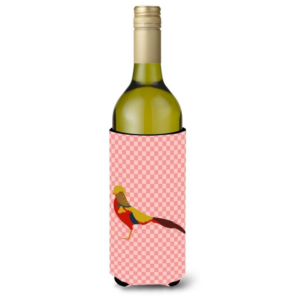 Carolines Treasures Golden or Chinese Pheasant Pink Check Wine Bottle Beverge Insulator Hugger - BB7928LITERK