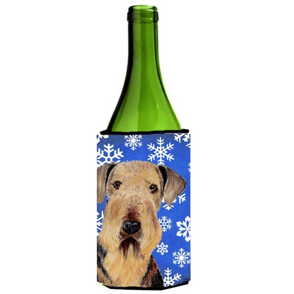 Carolines Treasures Airedale Winter Snowflakes Holiday Wine bottle sleeve Hugger - 24 oz. - SC9373LITERK