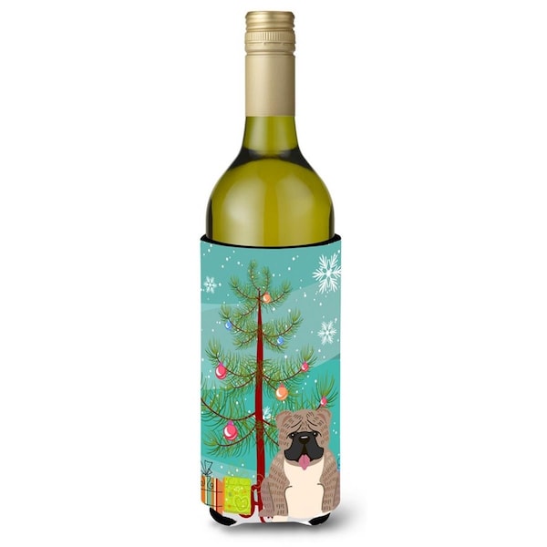 Carolines Treasures Merry Christmas Tree English Bulldog Grey Brindle Wine Bottle Beverge Insulator Hugger - BB4251LITERK