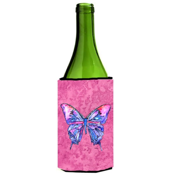Carolines Treasures Butterfly On Pink Wine bottle sleeve Hugger - 24 oz. - 8859LITERK