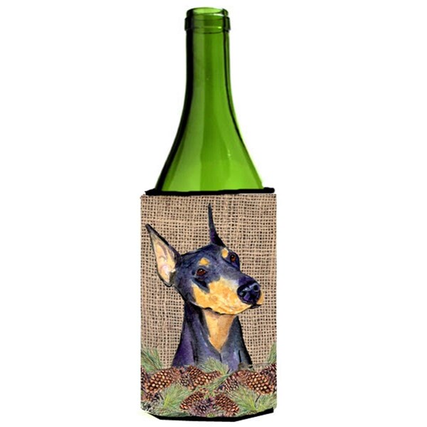 Carolines Treasures Doberman on Faux Burlap with Pine Cones Wine bottle sleeve Hugger 24 oz. - SS4085LITERK