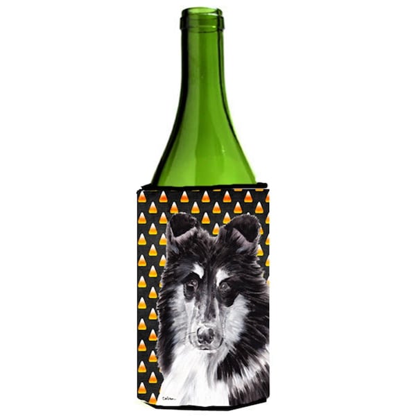 Carolines Treasures Black And White Collie Candy Corn Halloween Wine bottle sleeve Hugger  24 Oz. - SC9654LITERK