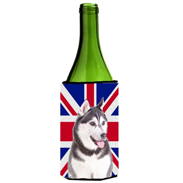 Carolines Treasures Alaskan Malamute with English Union Jack British Flag Wine bottle sleeve Hugger - KJ1161LITERK