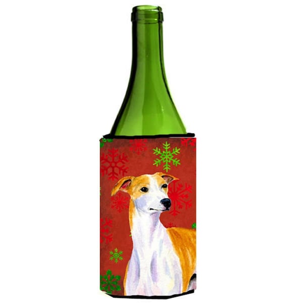 Carolines Treasures Whippet Red And Green Snowflakes Holiday Christmas Wine bottle sleeve Hugger - LH9328LITERK