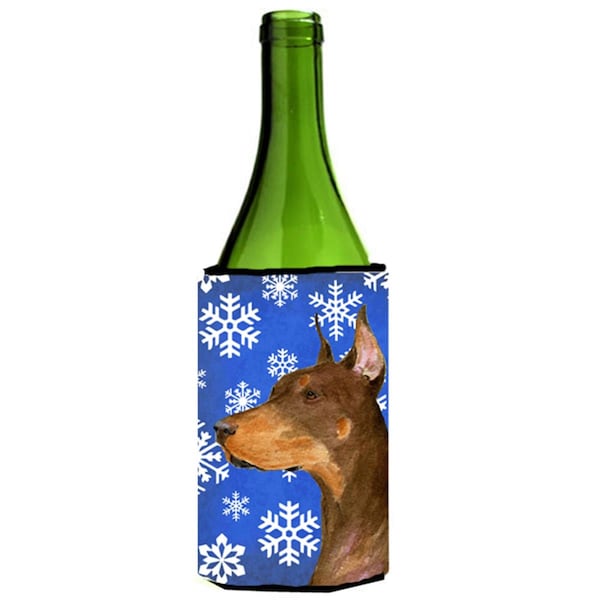 Carolines Treasures Doberman Winter Snowflakes Holiday Wine bottle sleeve Hugger - SS4606LITERK