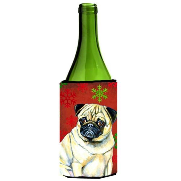 Carolines Treasures Pug Red and Green Snowflakes Holiday Christmas Wine Bottle   Hugger - LH9342LITERK