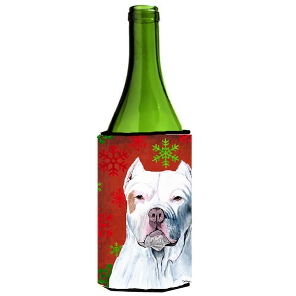 Carolines Treasures Pit Bull Red and Green Snowflakes Holiday Christmas Wine Bottle   Hugger - SC9421LITERK