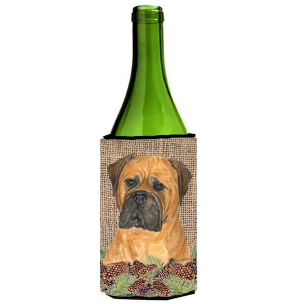 Carolines Treasures Bullmastiff On Faux Burlap With Pine Cones Wine bottle sleeve Hugger - SS4065LITERK