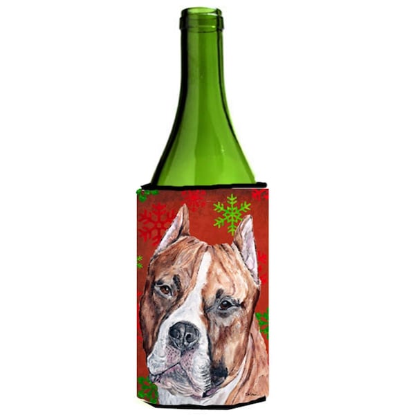 Carolines Treasures Staffordshire Bull Terrier Staffie Red Snowflakes Holiday Wine bottle sleeve Hugger  24 Oz. - SC9752LITERK