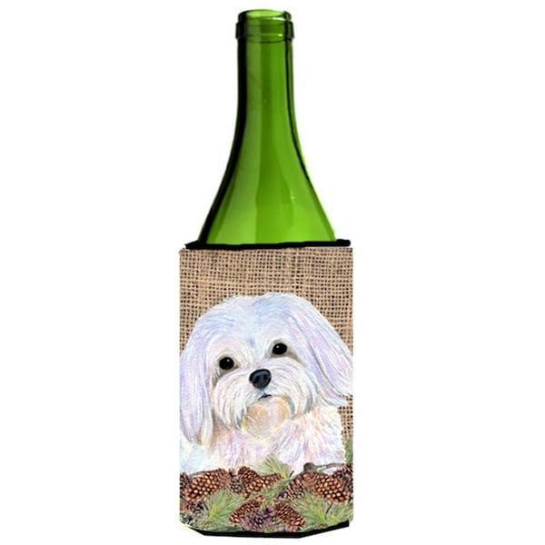 Carolines Treasures Maltese On Faux Burlap With Pine Cones Wine bottle sleeve Hugger - SS4073LITERK
