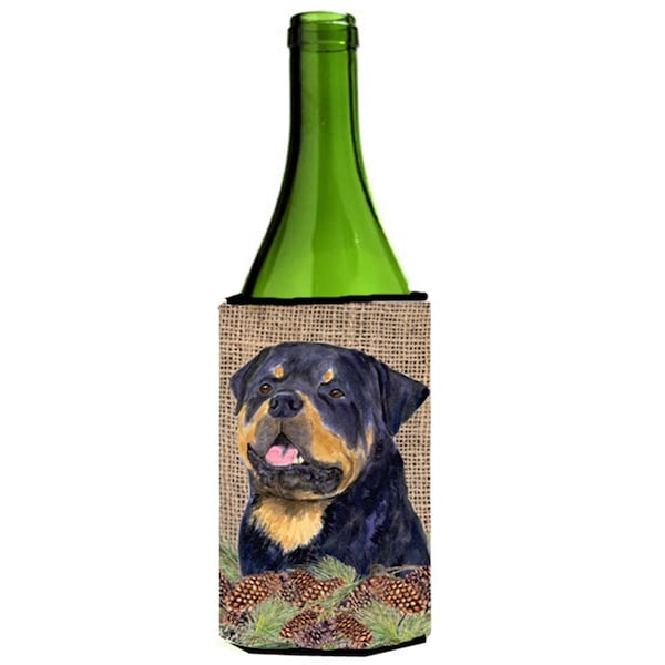 Carolines Treasures Rottweiler On Faux Burlap With Pine Cones Wine bottle sleeve Hugger - 24 oz. - SS4059LITERK