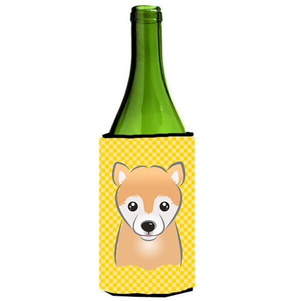 Carolines Treasures Yellow Checkered Shiba Inu Wine bottle sleeve Hugger - BB1133LITERK