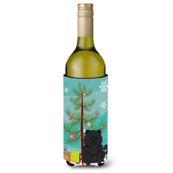 Carolines Treasures Merry Christmas Tree Chow Chow Black Wine Bottle Beverge Insulator Hugger - BB4268LITERK