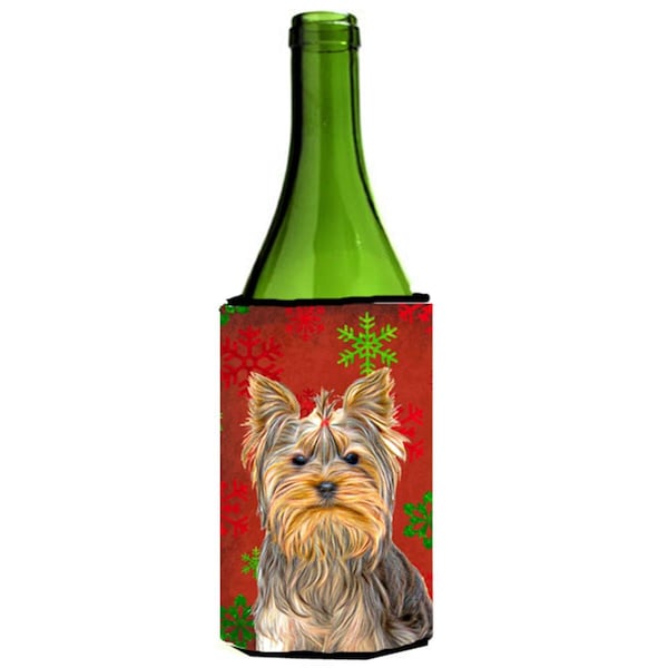 Carolines Treasures Red Snowflakes Holiday Christmas Yorkie & Yorkshire Terrier Wine bottle sleeve Hugger - KJ1184LITERK