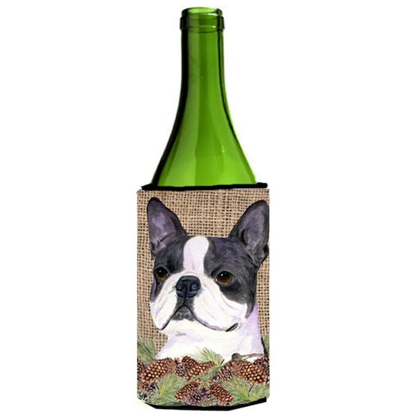 Carolines Treasures Boston Terrier On Faux Burlap With Pine Cones Wine bottle sleeve Hugger - 24 oz. - SS4105LITERK