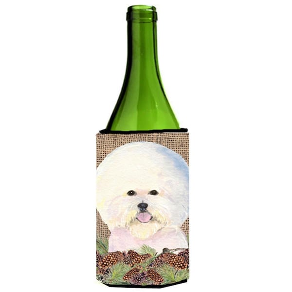 Carolines Treasures Bichon Frise On Faux Burlap With Pine Cones Wine bottle sleeve Hugger - 24 oz. - SS4106LITERK