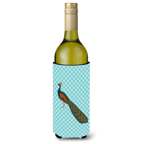 Carolines Treasures Indian Peacock Peafowl Blue Check Wine Bottle Beverge Insulator Hugger - BB8099LITERK