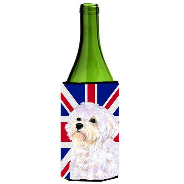 Carolines Treasures Maltese With English Union Jack British Flag Wine bottle sleeve Hugger - 24 Oz. - SS4923LITERK