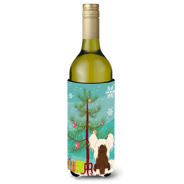 Carolines Treasures Merry Christmas Tree Chinese Crested Cream Wine Bottle Beverge Insulator Hugger - BB4238LITERK