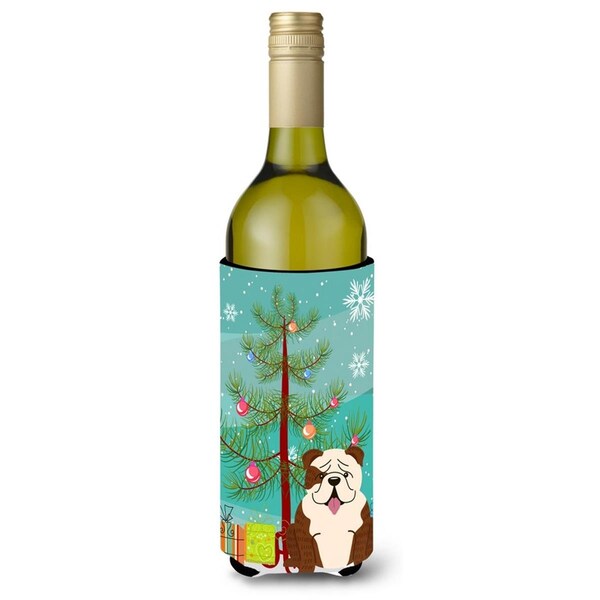Carolines Treasures Merry Christmas Tree English Bulldog Brindle White Wine Bottle Beverge Insulator Hugger - BB4246LITERK