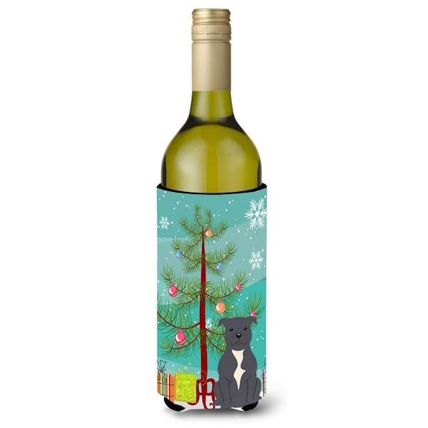 Carolines Treasures Merry Christmas Tree Staffordshire Bull Terrier Blue Wine Bottle Beverge Insulator Hugger - BB4171LITERK
