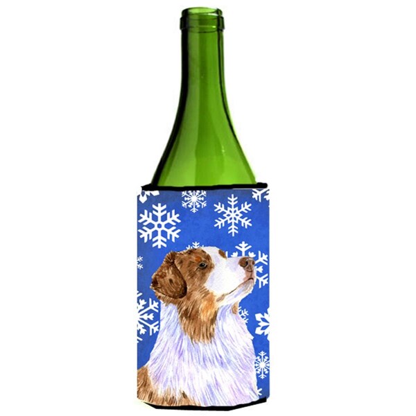 Carolines Treasures Australian Shepherd Winter Snowflakes Holiday Wine bottle sleeve Hugger - 24 oz. - LH9273LITERK