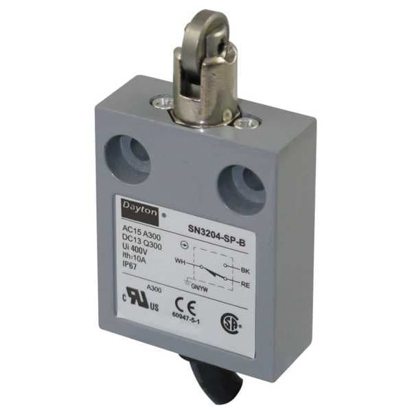 Interruptor de límite Dayton, rodillo cruzado, émbolo, SPDT, 10A @ 300V AC, Ubicación del actuador: Superior - 12T934