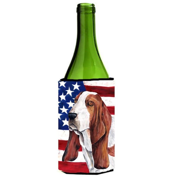 Carolines Treasures USA American Flag With Basset Hound Wine bottle sleeve Hugger - 24 oz. - SC9004LITERK