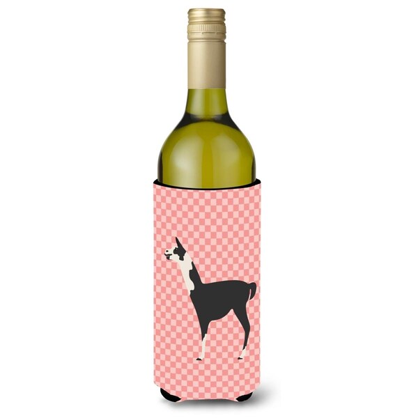Carolines Treasures Llama Q Ara Pink Check Wine Bottle Beverge Insulator Hugger - BB7918LITERK
