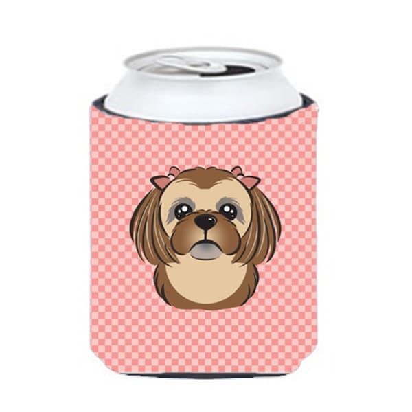 Carolines Treasures Checkerboard Pink Chocolate Brown Shih Tzu Can Or Bottle Hugger- 12 Oz. - BB1249CC