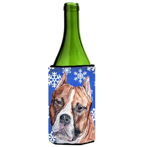 Carolines Treasures Staffordshire Bull Terrier Staffie Winter Snowflakes Wine bottle sleeve Hugger  24 Oz. - SC9776LITERK