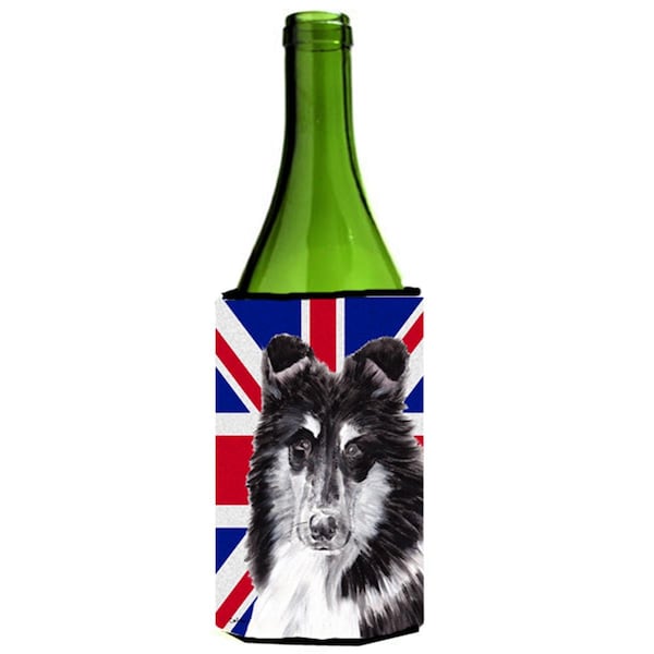 Carolines Treasures Black And White Collie With English Union Jack British Flag Wine bottle sleeve Hugger - 24 Oz. - SC9885LITERK