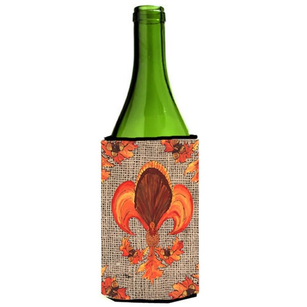 Carolines Treasures Thanksgiving Turkey Fleur De Lis On Faux Burlap Wine bottle sleeve Hugger - 24 oz. - 8744LITERK