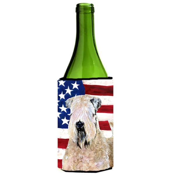Carolines Treasures Usa American Flag With Wheaten Terrier Soft Coated Wine Bottle   Hugger - 24 oz. - SS4019LITERK