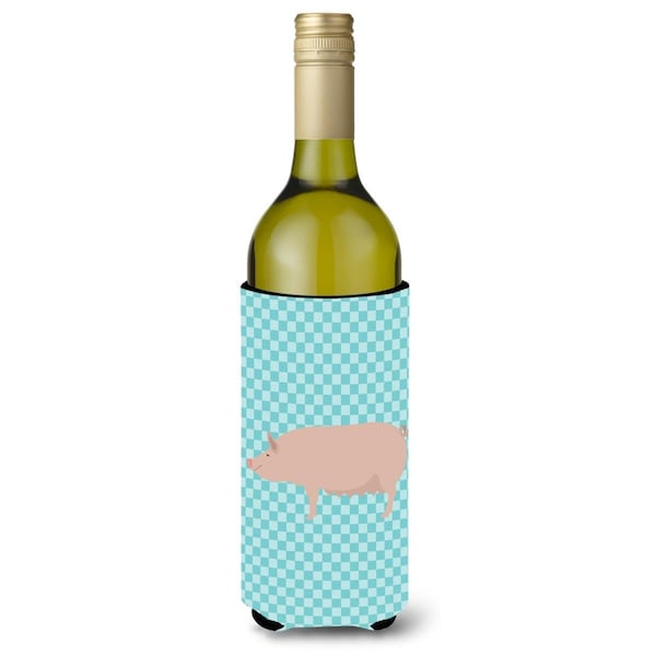 Carolines Treasures English Large White Pig Blue Check Wine Bottle Beverge Insulator Hugger - BB8112LITERK