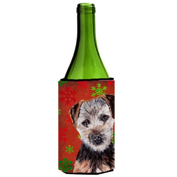 Carolines Treasures Norfolk Terrier Puppy Red Snowflakes Holiday Wine bottle sleeve Hugger  24 Oz. - SC9759LITERK