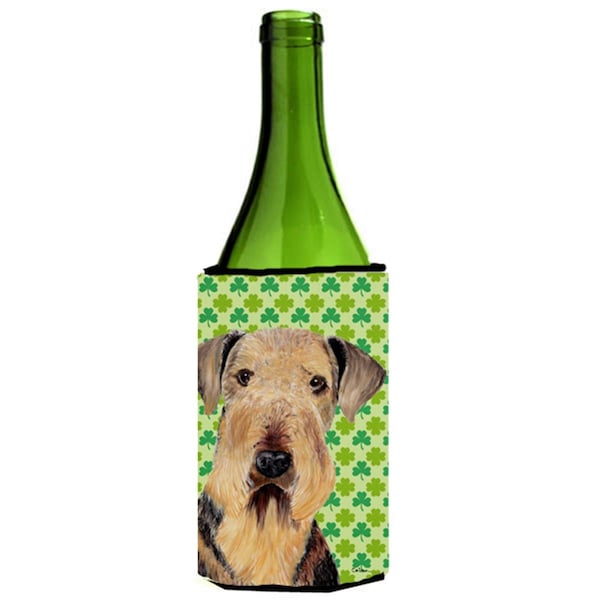 Carolines Treasures Airedale St. Patricks Day Shamrock Portrait Wine bottle sleeve Hugger - 24 oz. - SC9293LITERK