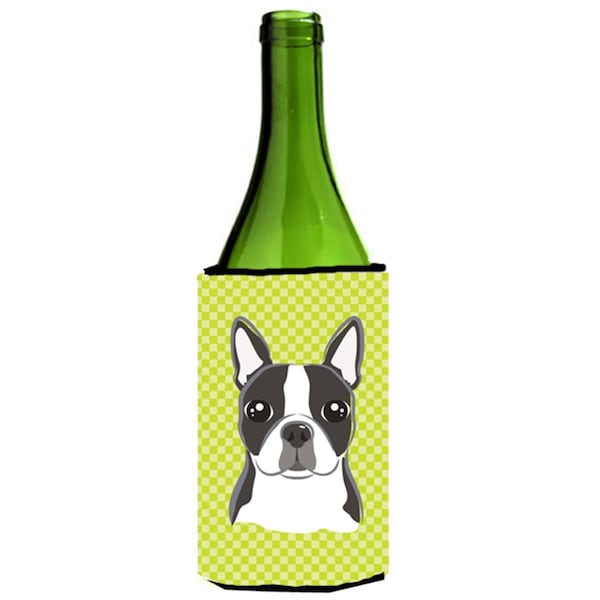 Carolines Treasures Lime Checkered Boston Terrier Wine bottle sleeve Hugger - BB1139LITERK